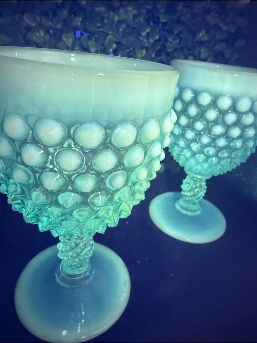 *GLOWS* Vintage Fenton Blue Opalescent Hobnail Goblets - Set of 2